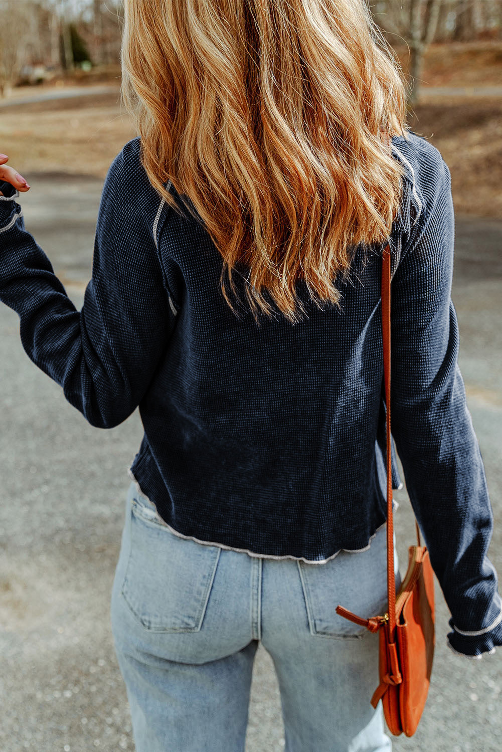 Green Textured Exposed Seam Long Sleeve Top