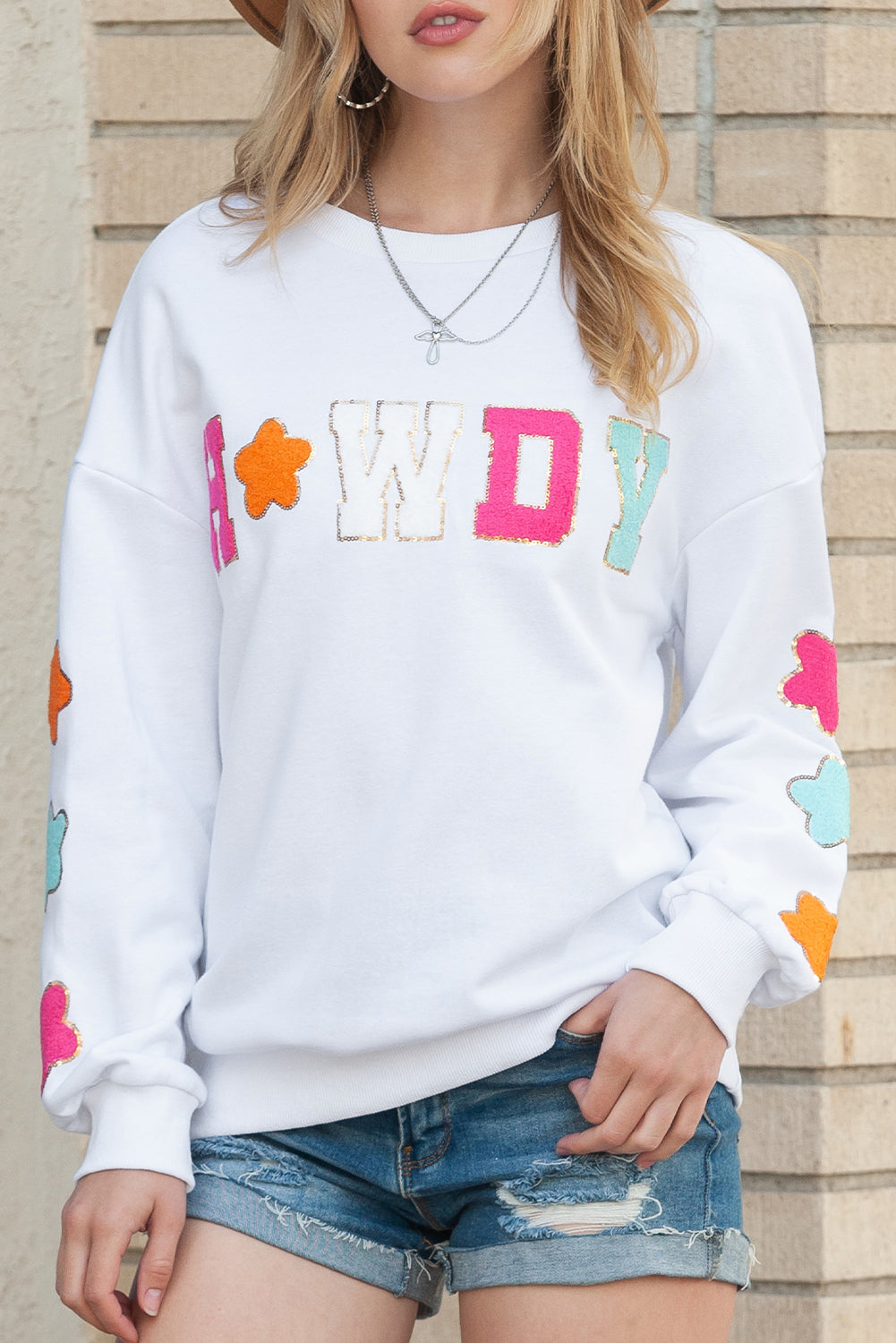 White Glitter Howdy Patch Casual Star Sweatshirt