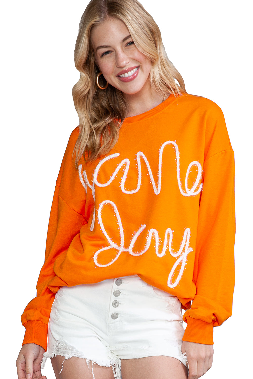 Orange Game Day Contrast Trim Long Sleeve Top