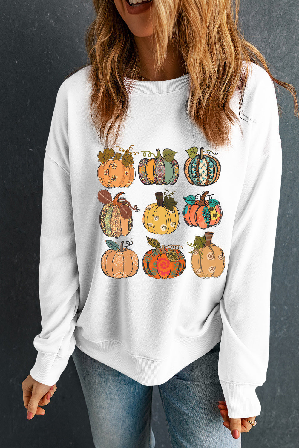 Beige Thanksgiving Pumpkin Print Drop Shoulder Sweatshirt