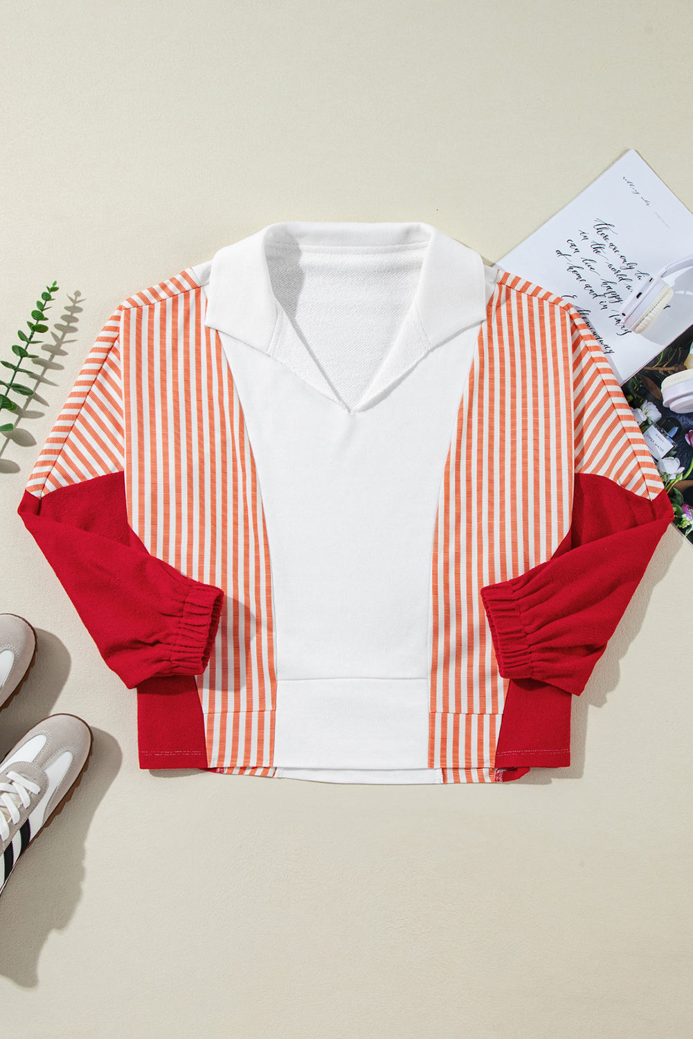 White Striped Color Block Collared V Neck Oversized Sweatshirt