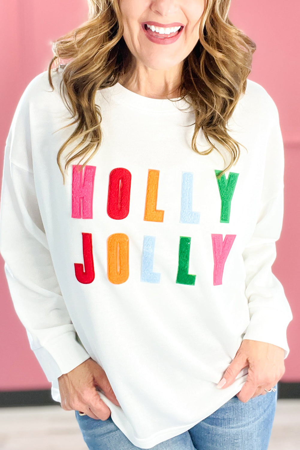 White Chenille Holly Jolly Graphic Long Sleeve Top