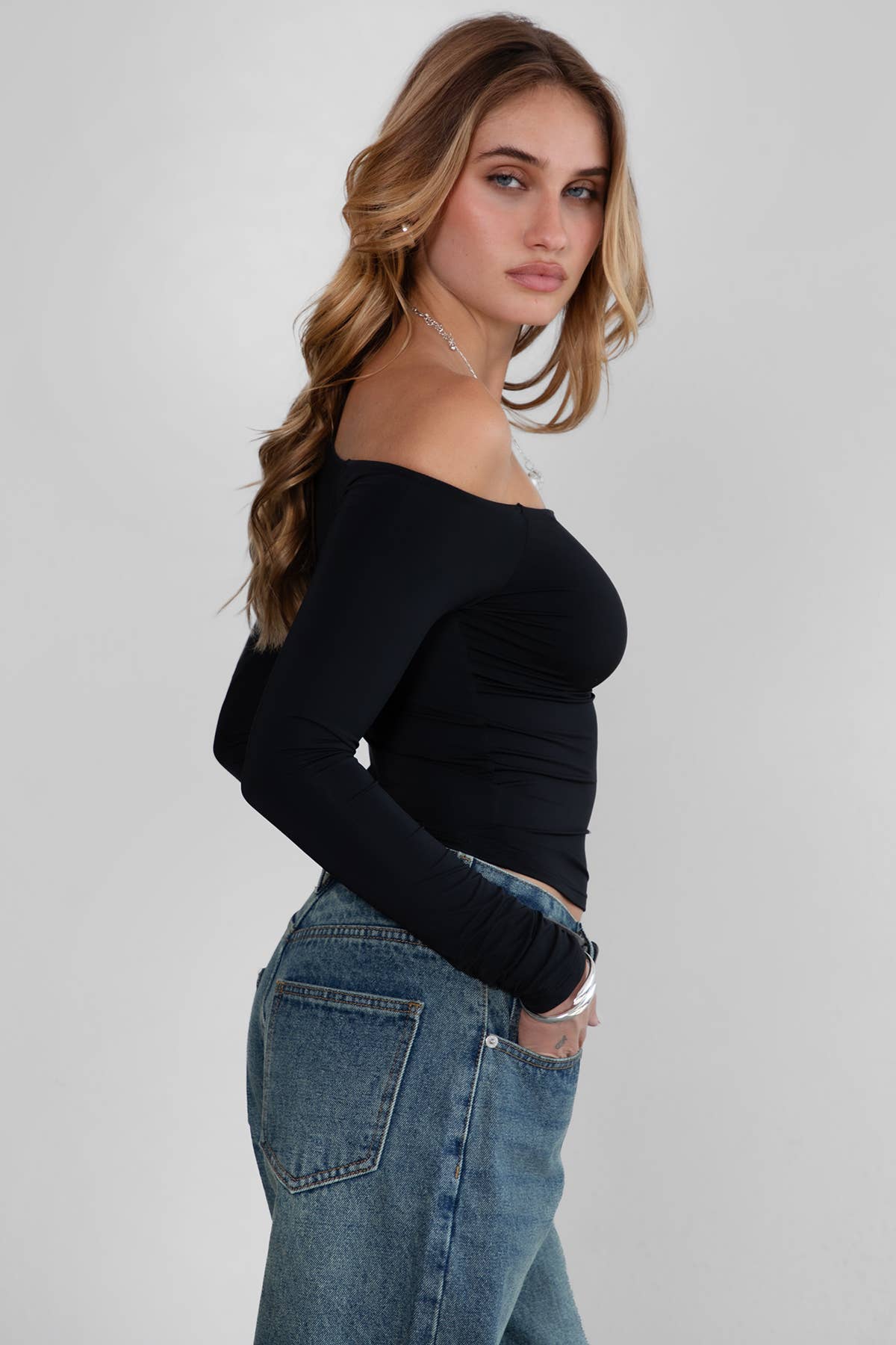 AUDREE One-Shoulder Assymetrical Neckline Long-Sleeve Top