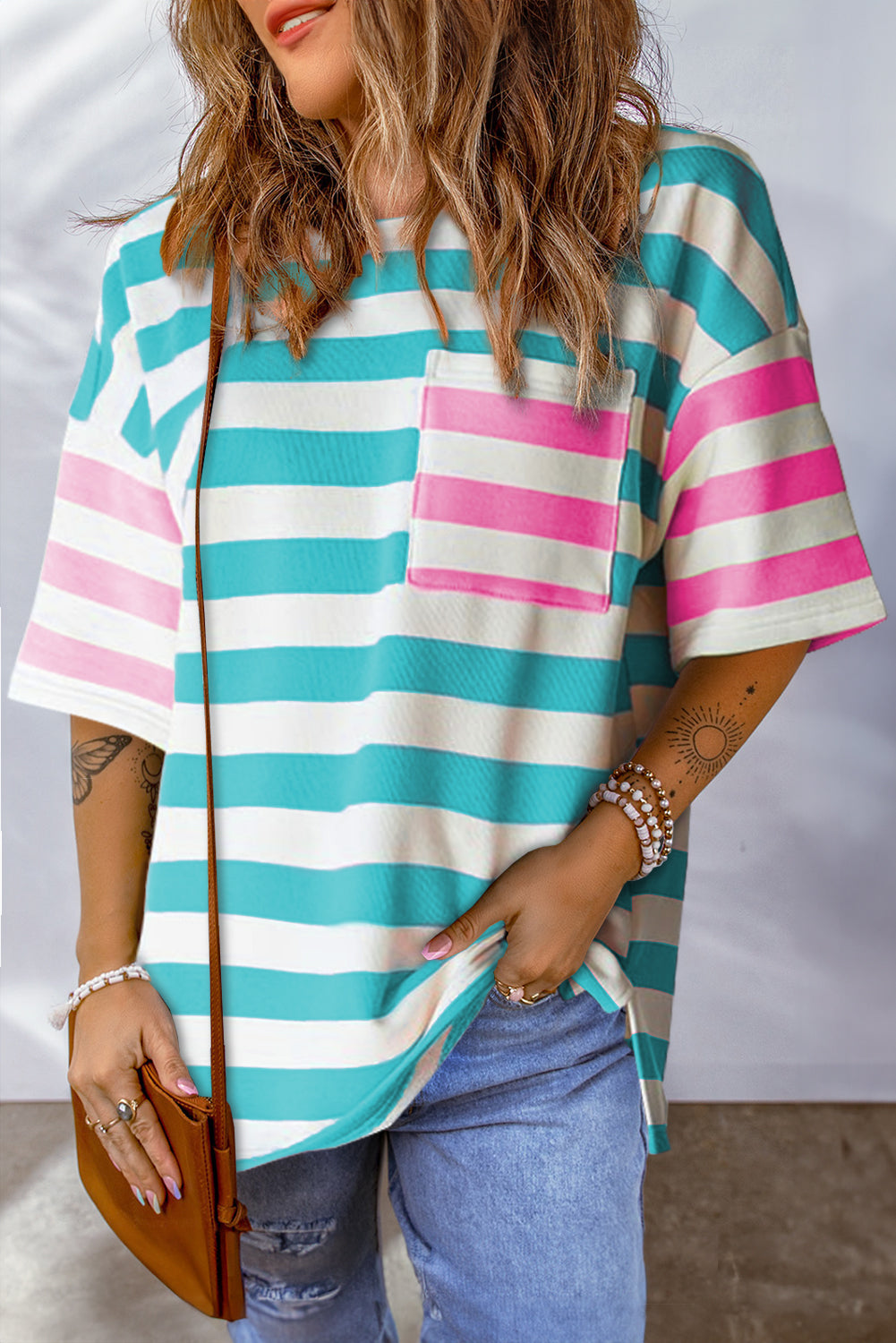 Orange Stripe Patch Pocket Drop Sleeve Slits T Shirt