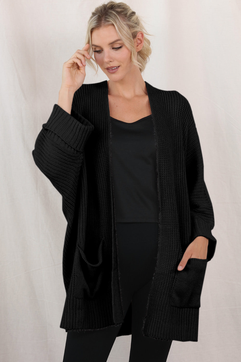 Black Batwing Sleeve Pocket Oversized Cable Knit Cardigan