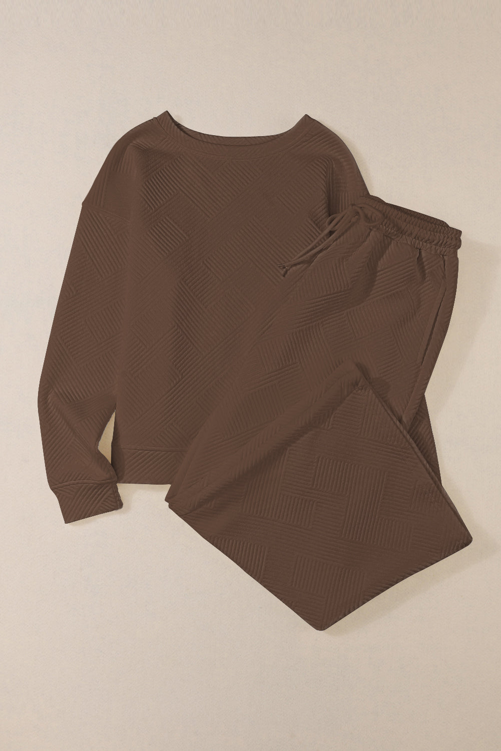 Dark Khaki Textured Loose Slouchy Long Sleeve Top and Pants Set