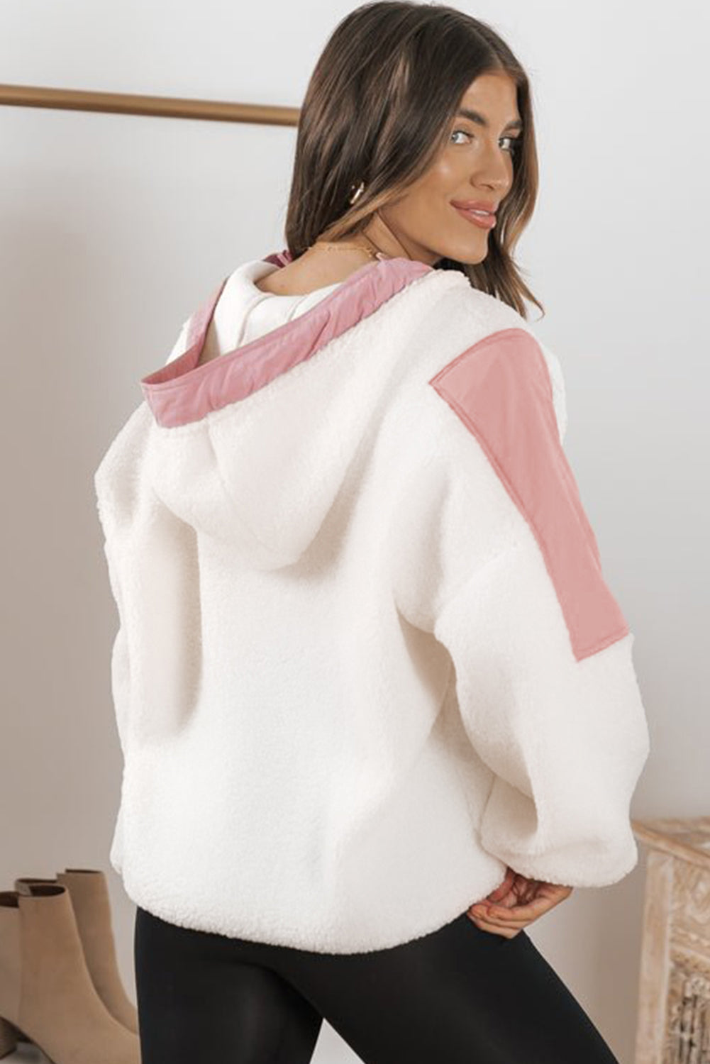 White Patchwork Half Zip Oversized Sherpa Hoodie