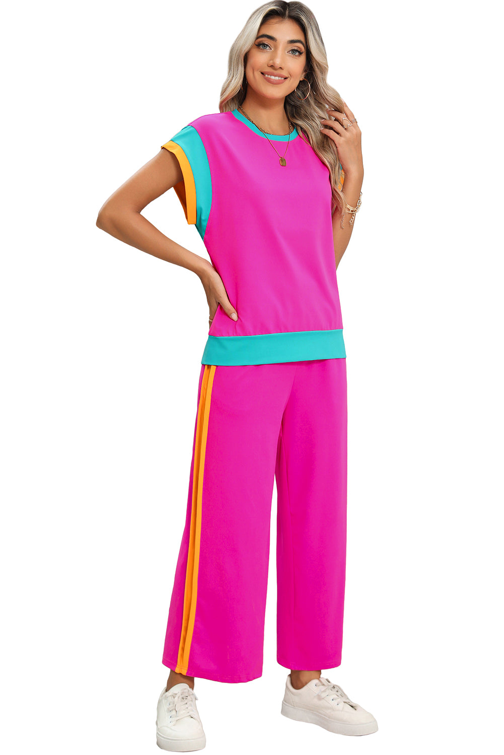 Strawberry Pink Colorblock Cap Sleeve Tee and Wide Leg Pants Set