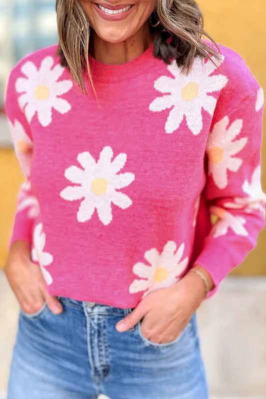 Bright Pink Daisy Ribbed Hem Sweater