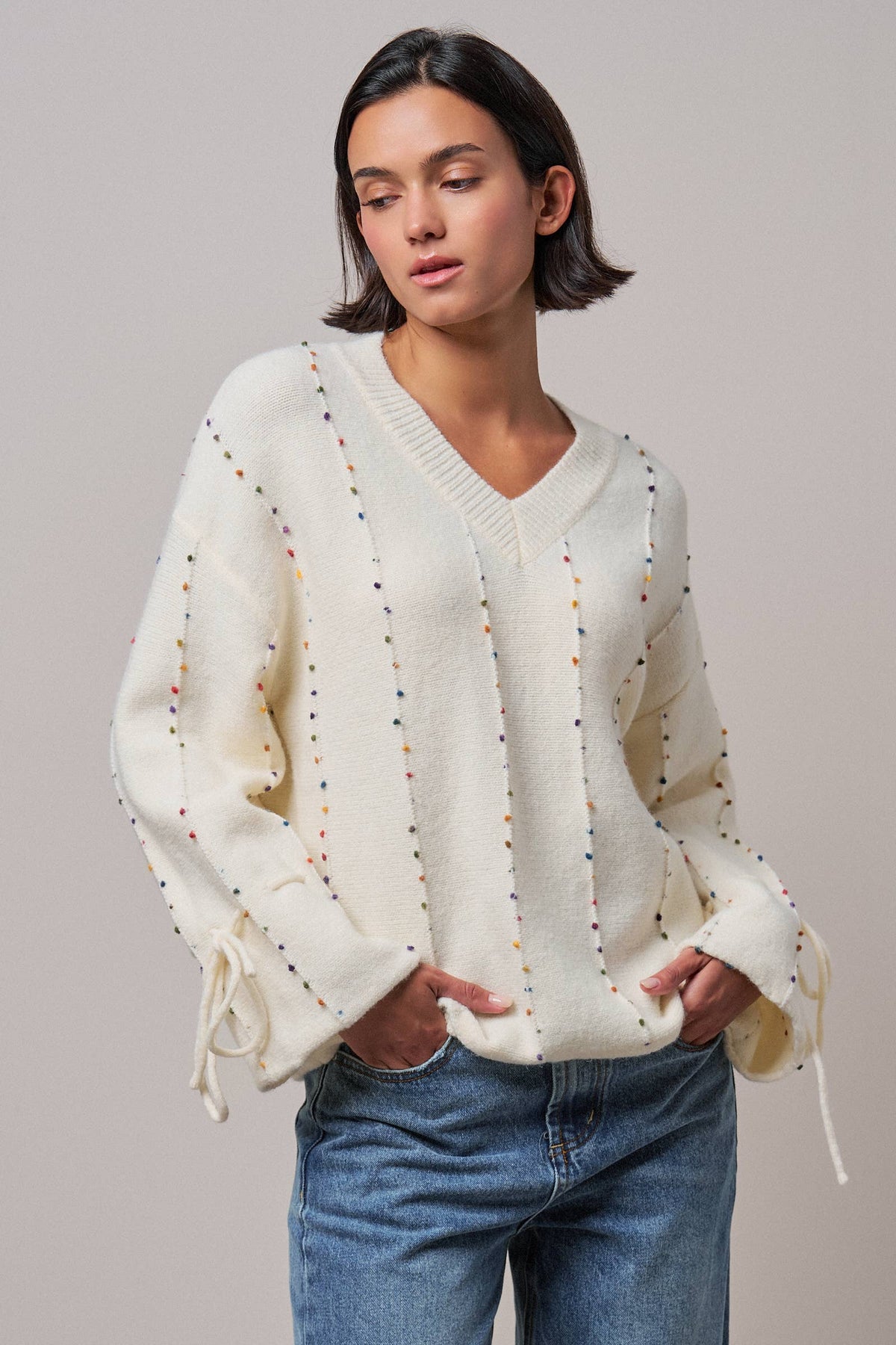Multicolor Dot Stitch V-Neck Tie Sleeve Sweater
