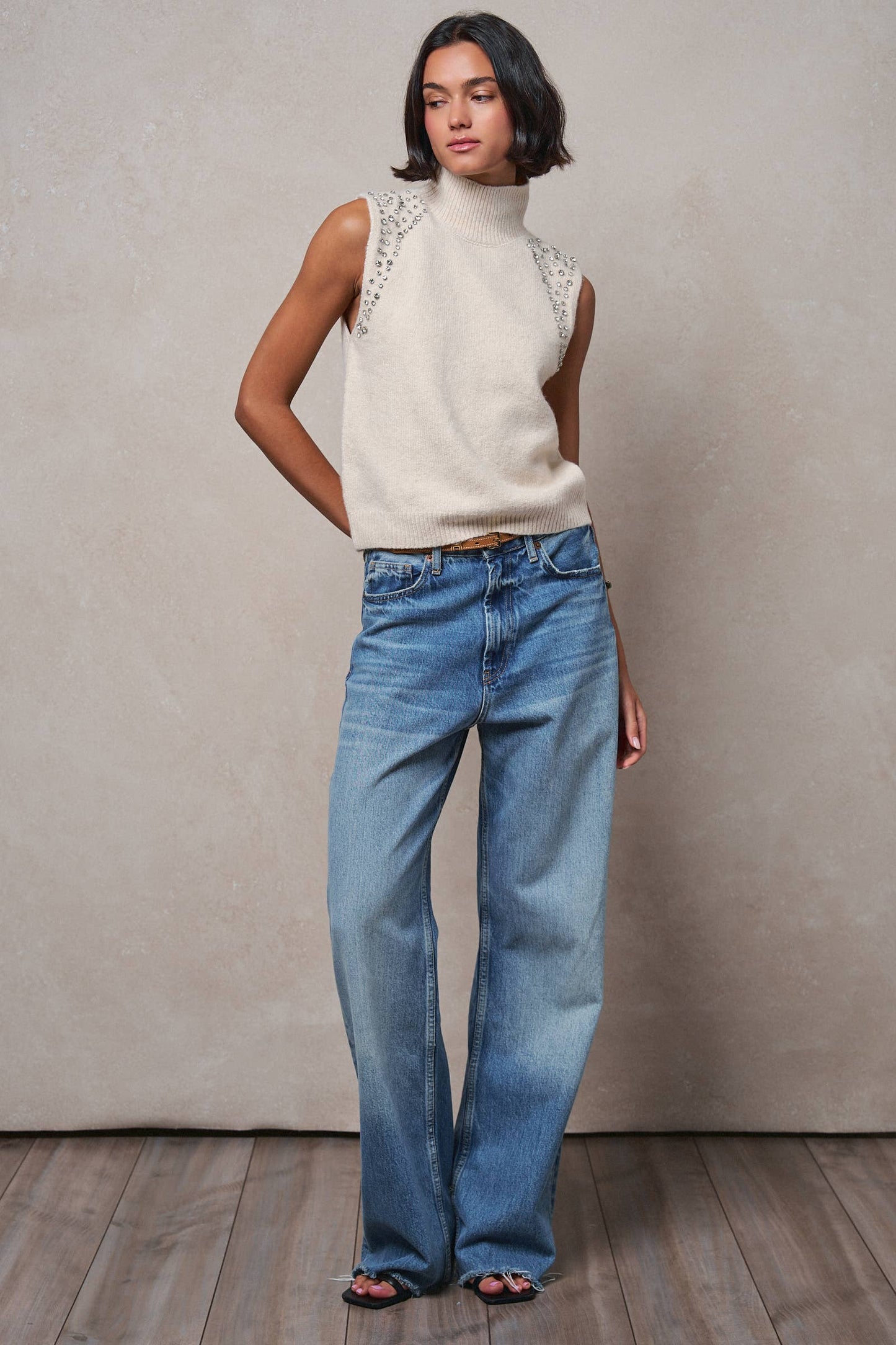 Crystal Embellished Sleeveless Mock Neck Knit Top