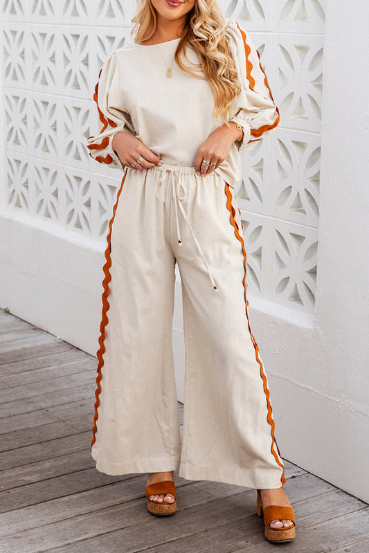 White Ric Rac Trim Long Sleeve Top and Wide Leg Pants Set