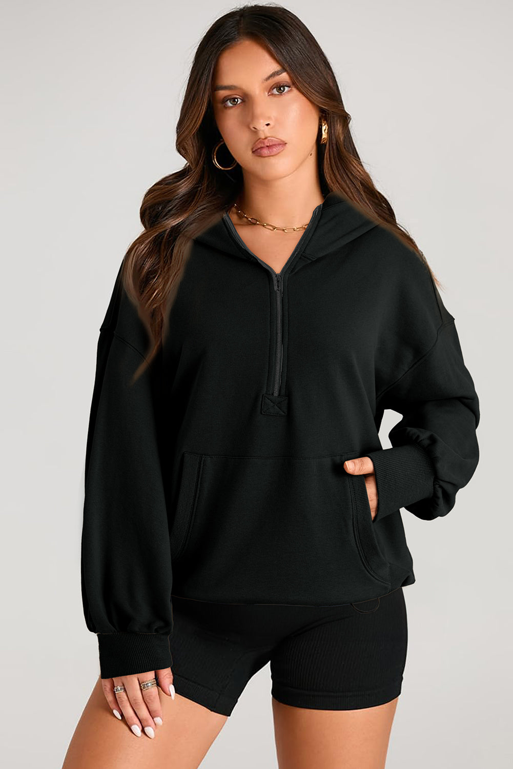 Parchment Kangaroo Pocket Half Zipper Oversized Hoodie