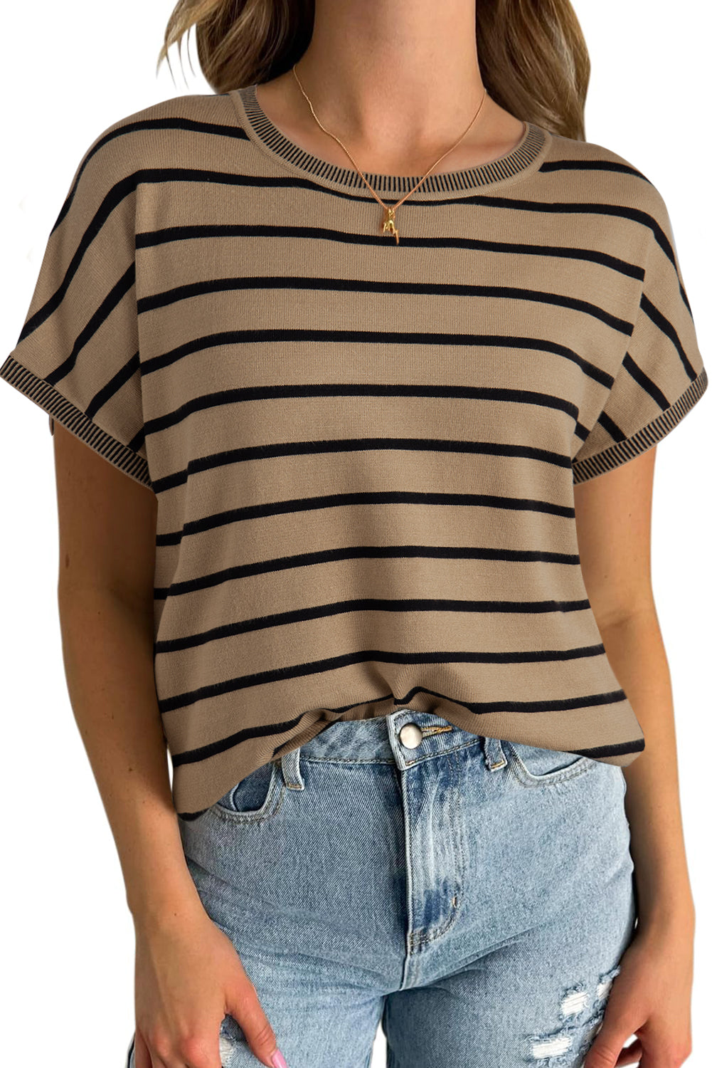 Khaki Stripe Knitted Dolman T Shirt