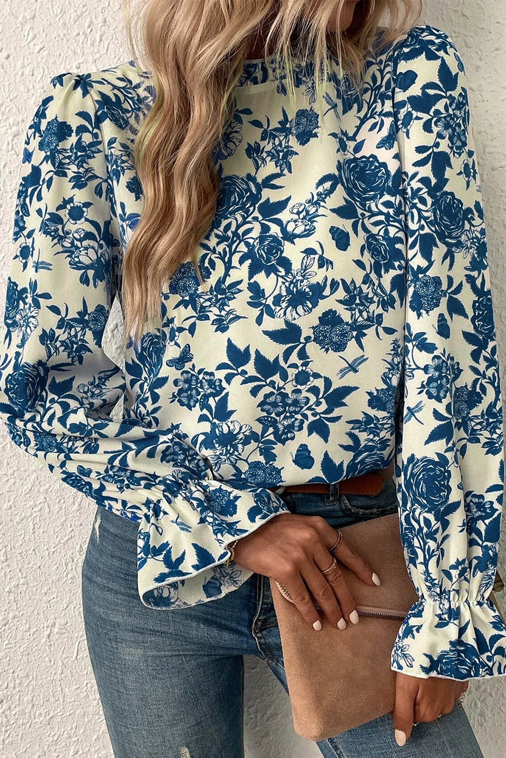 Rose Floral Print Flounce Sleeve Keyhole Back Blouse