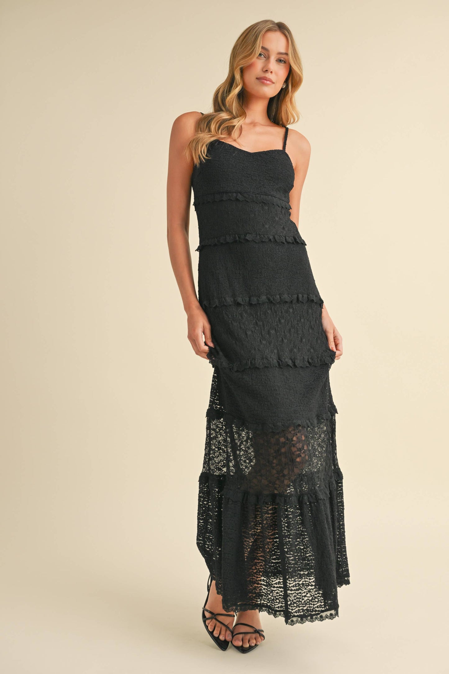 ID8566  TIERED RUFFLED LACE MAXI DRESS WITH PARTIAL LINING