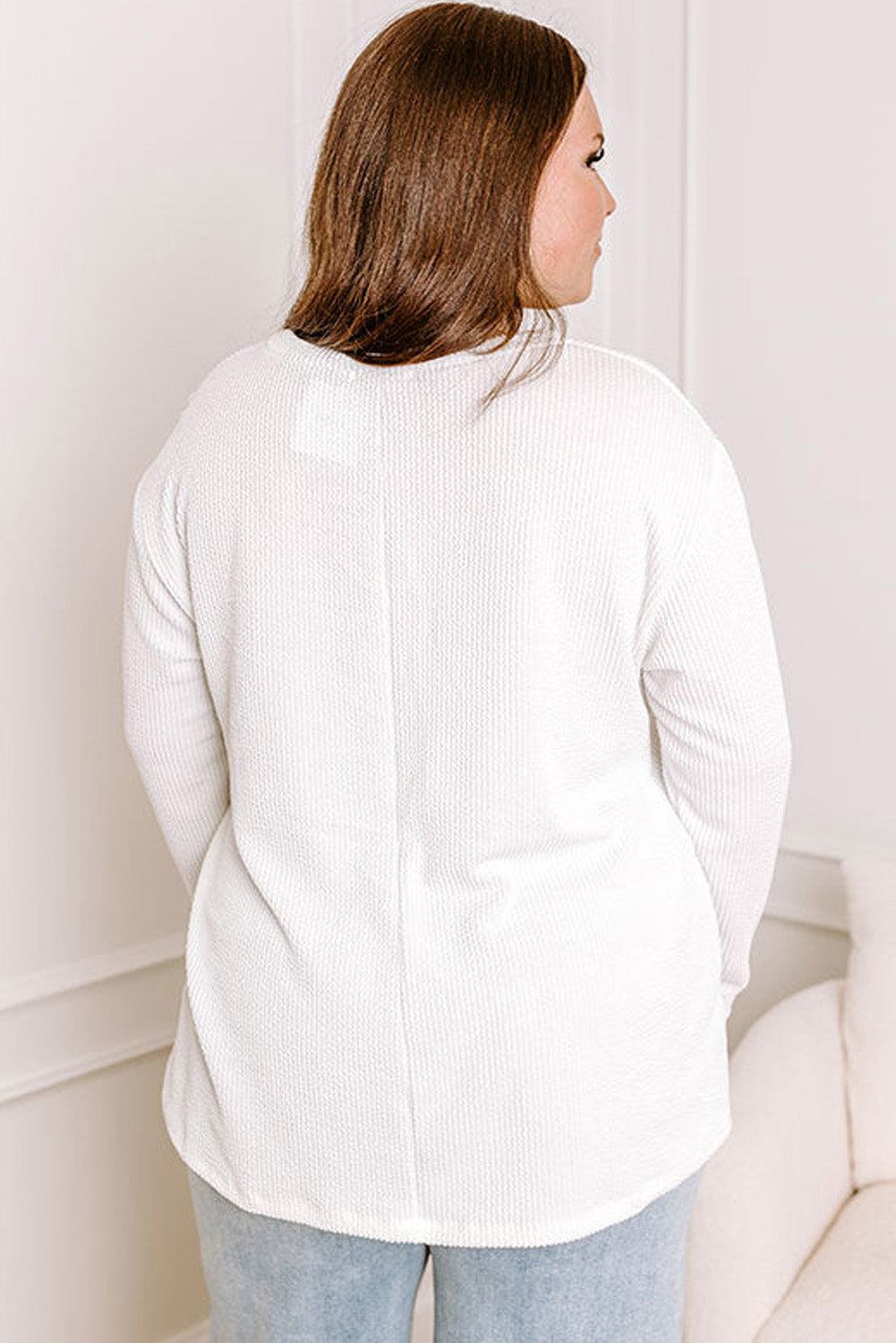 White Plus Size Ribbed Textured Pocketed Long Sleeve Top