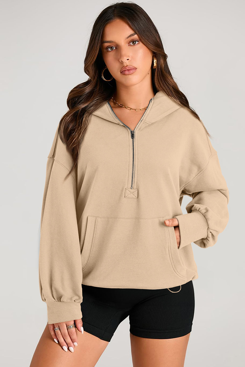 Parchment Kangaroo Pocket Half Zipper Oversized Hoodie