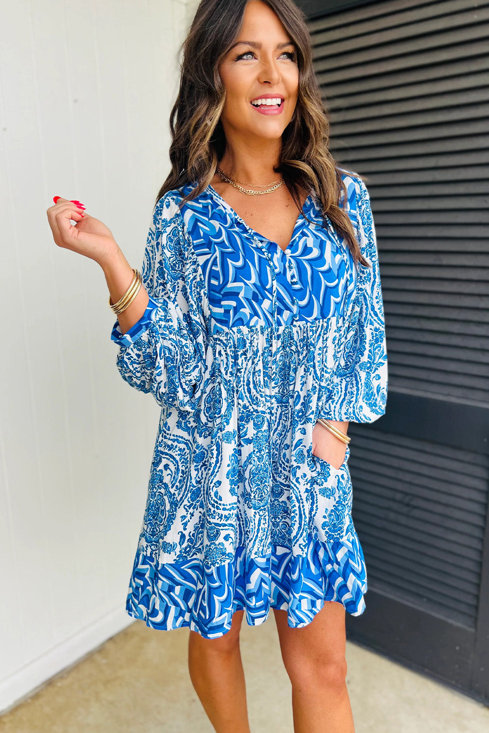 Sky Blue Bohemian Print Lantern Sleeve V Neck Flared Mini Dress