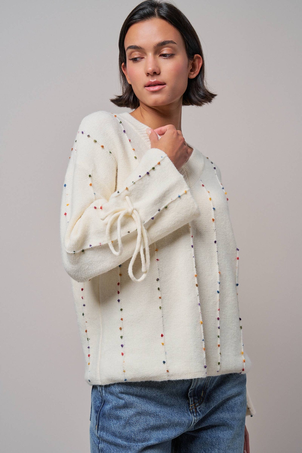 Multicolor Dot Stitch V-Neck Tie Sleeve Sweater
