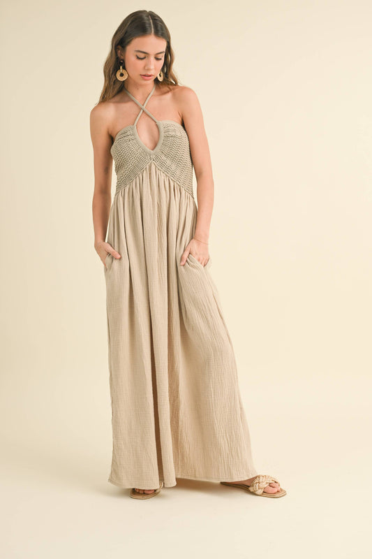 WASHED GAUZE WITH CROCHET TOP CONTRAST DRESS