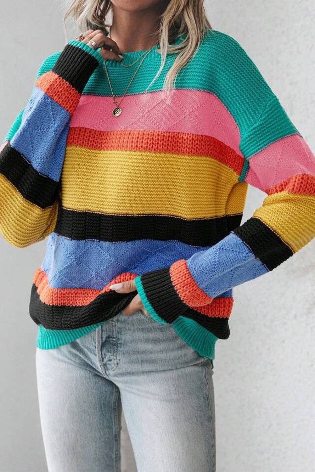 Yellow Colorblock Drop Shoulder Crew Neck Sweater