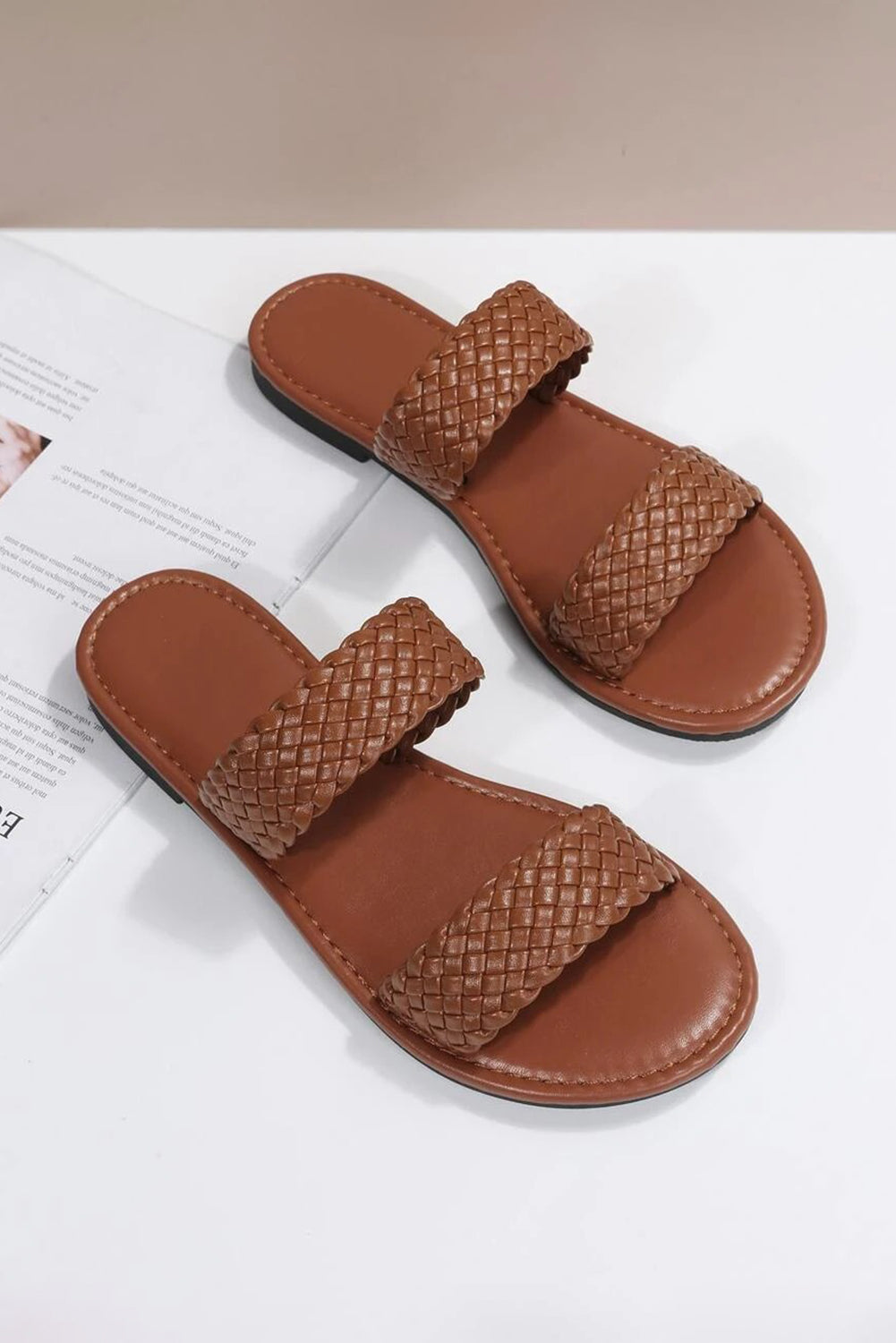 Chestnut Braided Double Band Leather Flat Slides Shoes