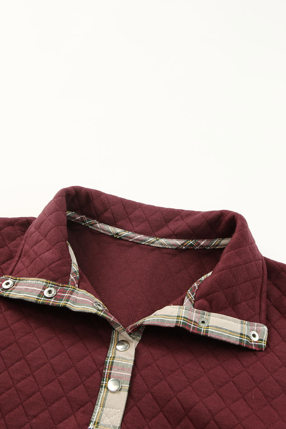 Green Plaid Geometric Texture Trim Buttons Neck Quilted Sweatshirt