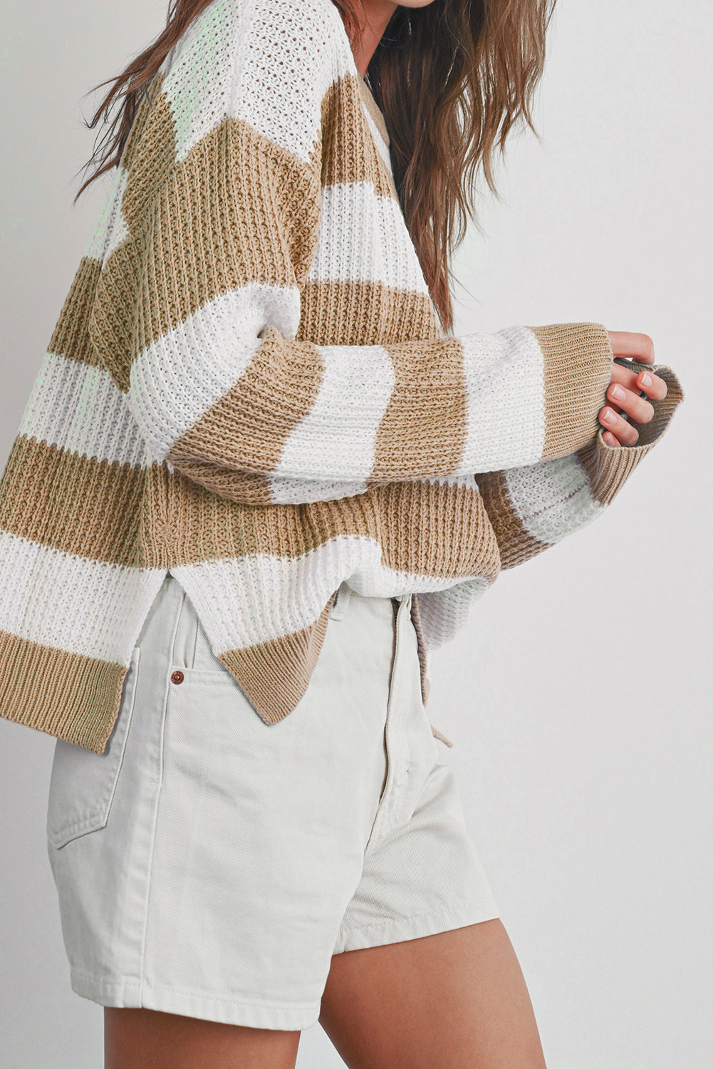 Light French Beige Striped Drop Shoulder Side Slit Sweater