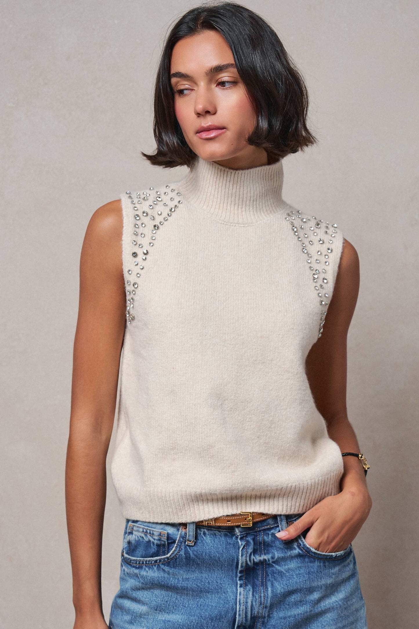Crystal Embellished Sleeveless Mock Neck Knit Top