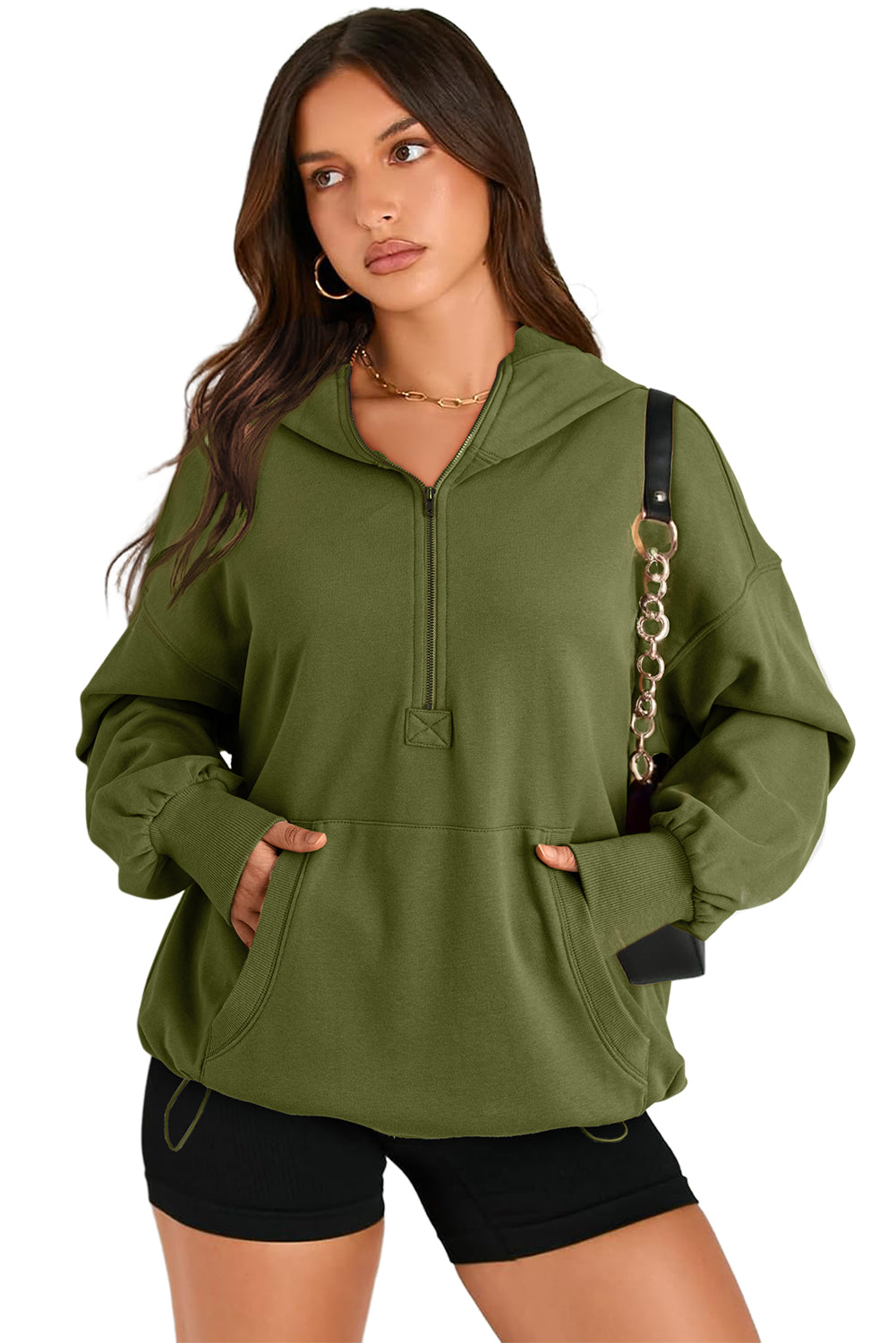 Parchment Kangaroo Pocket Half Zipper Oversized Hoodie