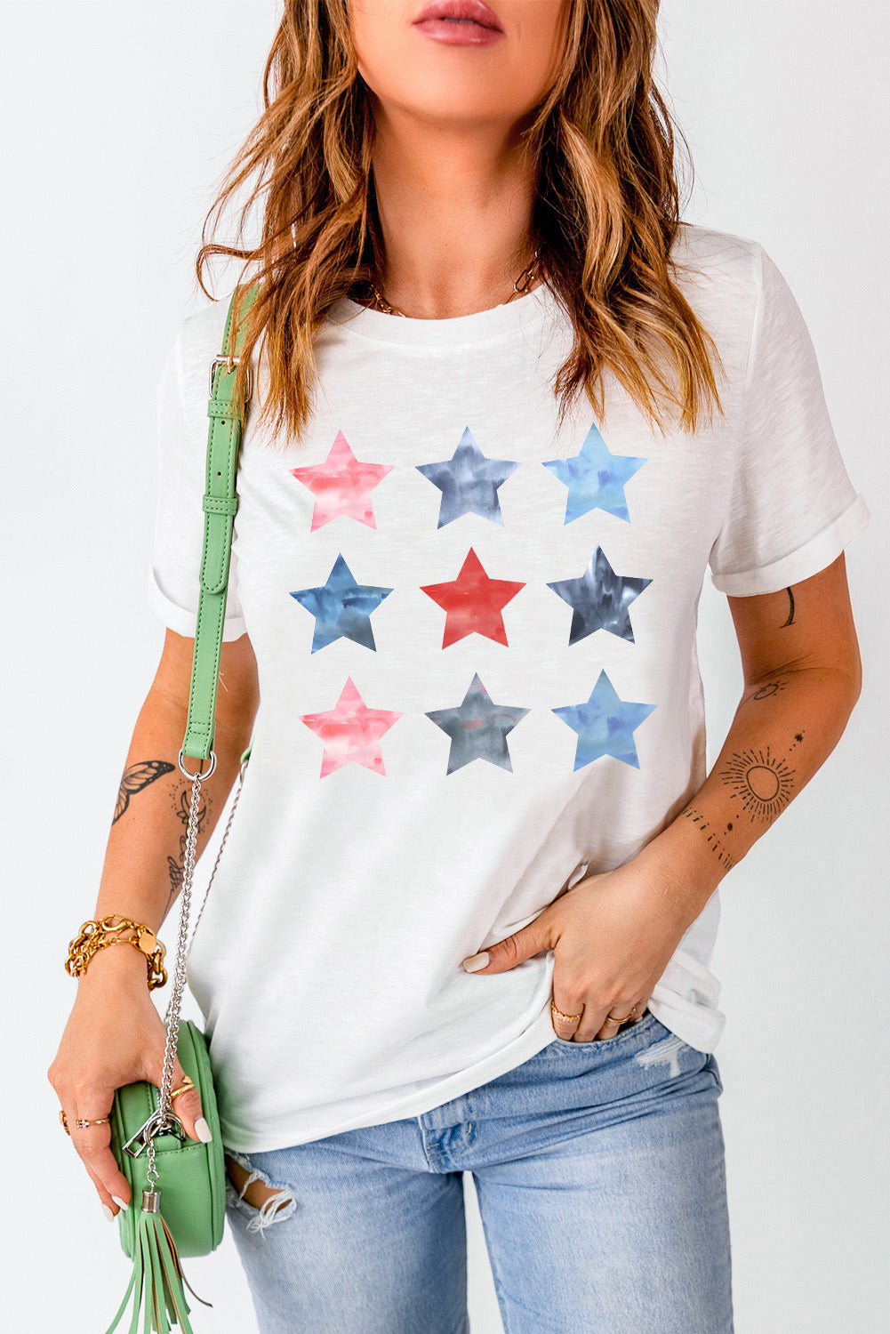 White Stars Graphic Crew Neck Roll Up Sleeve T Shirt