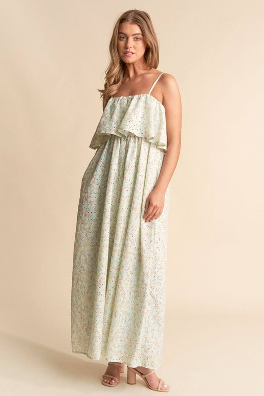 Floral Print Eyelet Tiered Wide Leg Jumpsuit