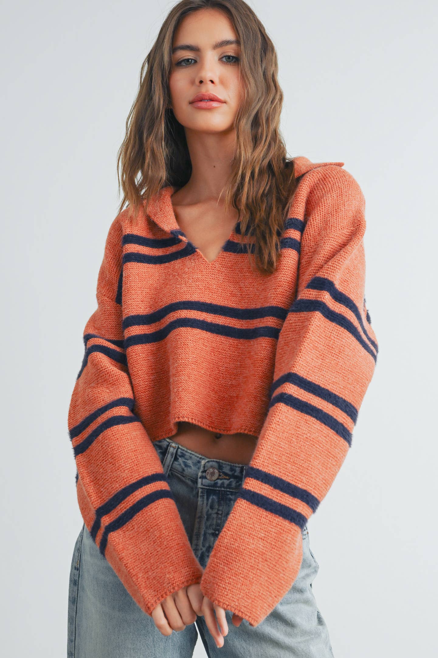 STRIPE CROP COLLAR SWEATER TOP - BMW7393