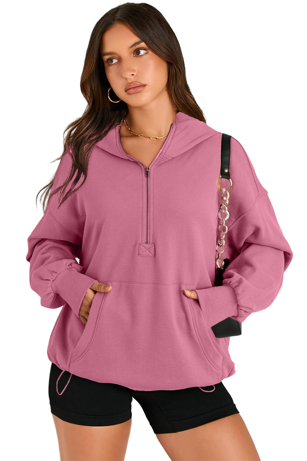 Parchment Kangaroo Pocket Half Zipper Oversized Hoodie