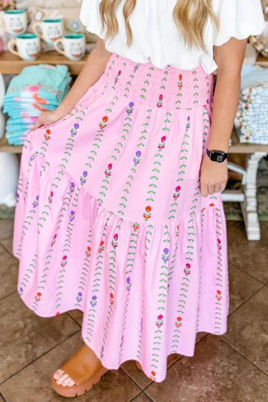 Pink Smocked Waist Tiered Maxi Skirt