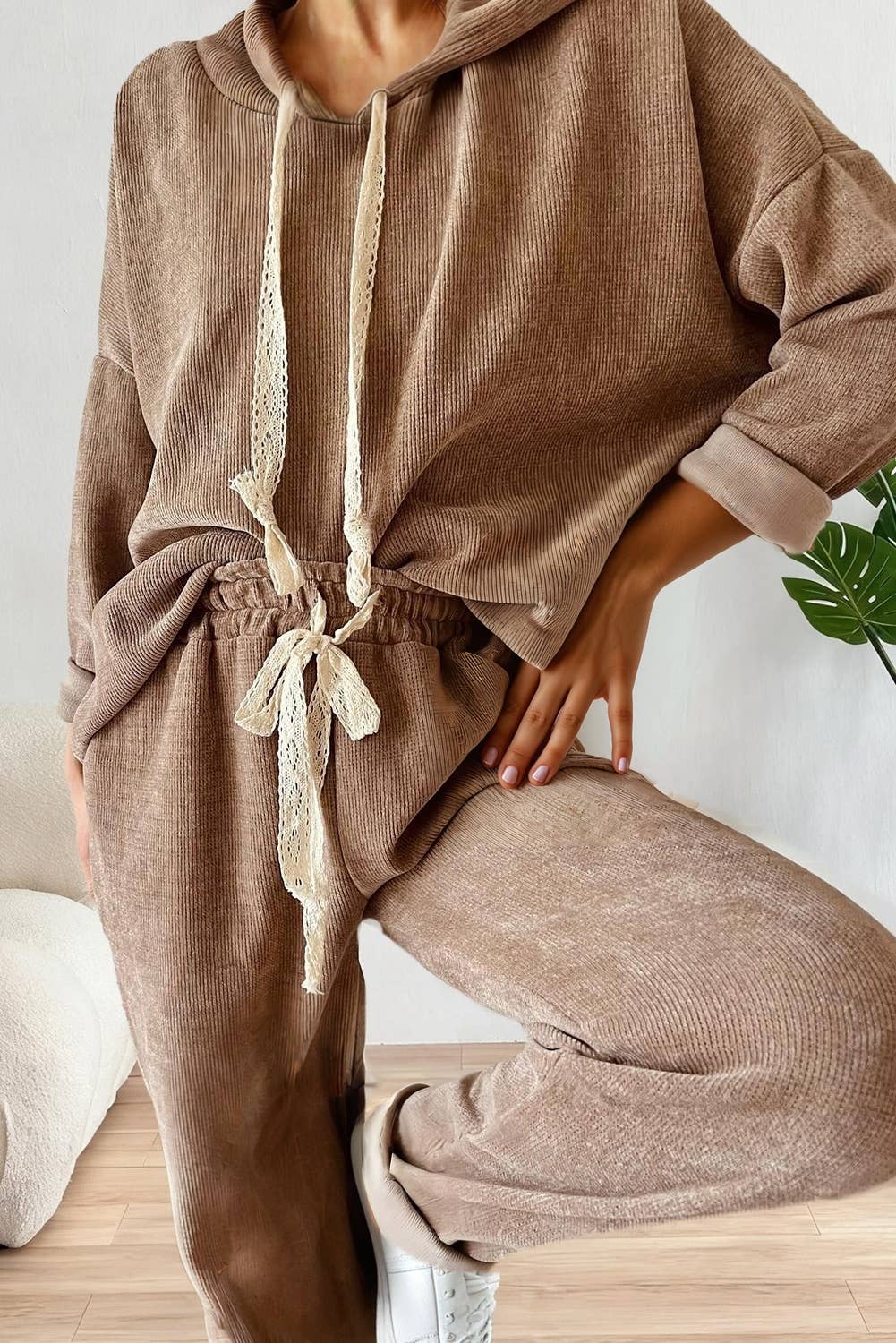 Drawstring Pullover Hoodie and High Waist Pants Corduroy Set