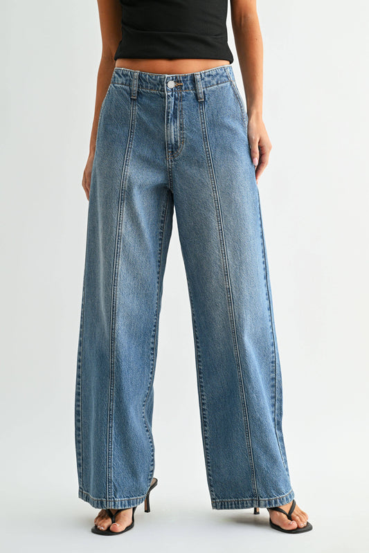 No Pocket Seamed Trouser Wide Leg - MEDIUM DENIM - DP709N