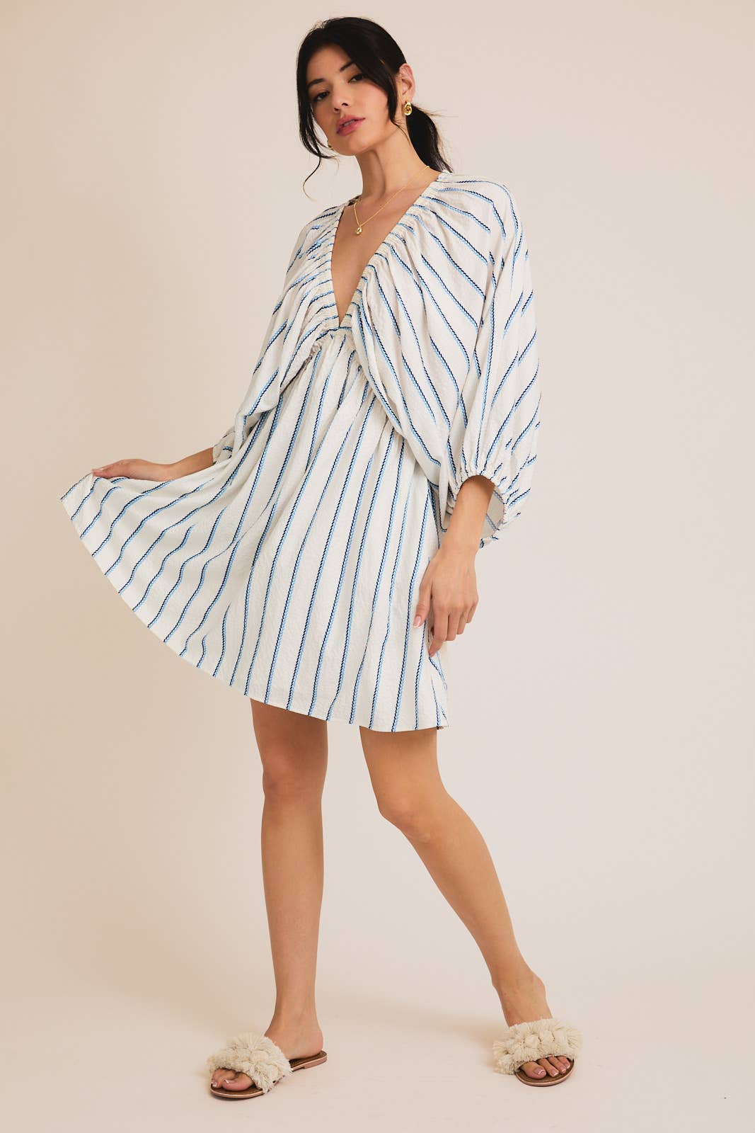V-NECK BALOON 3/4' SLEEVE STRIPE DRESS