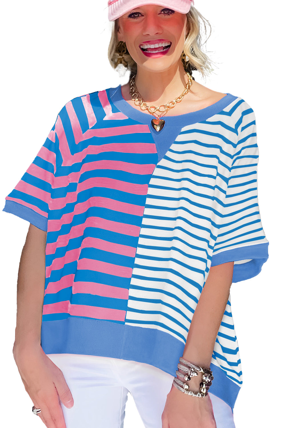 Blue Stripe Contrast Colorblock Oversized T Shirt