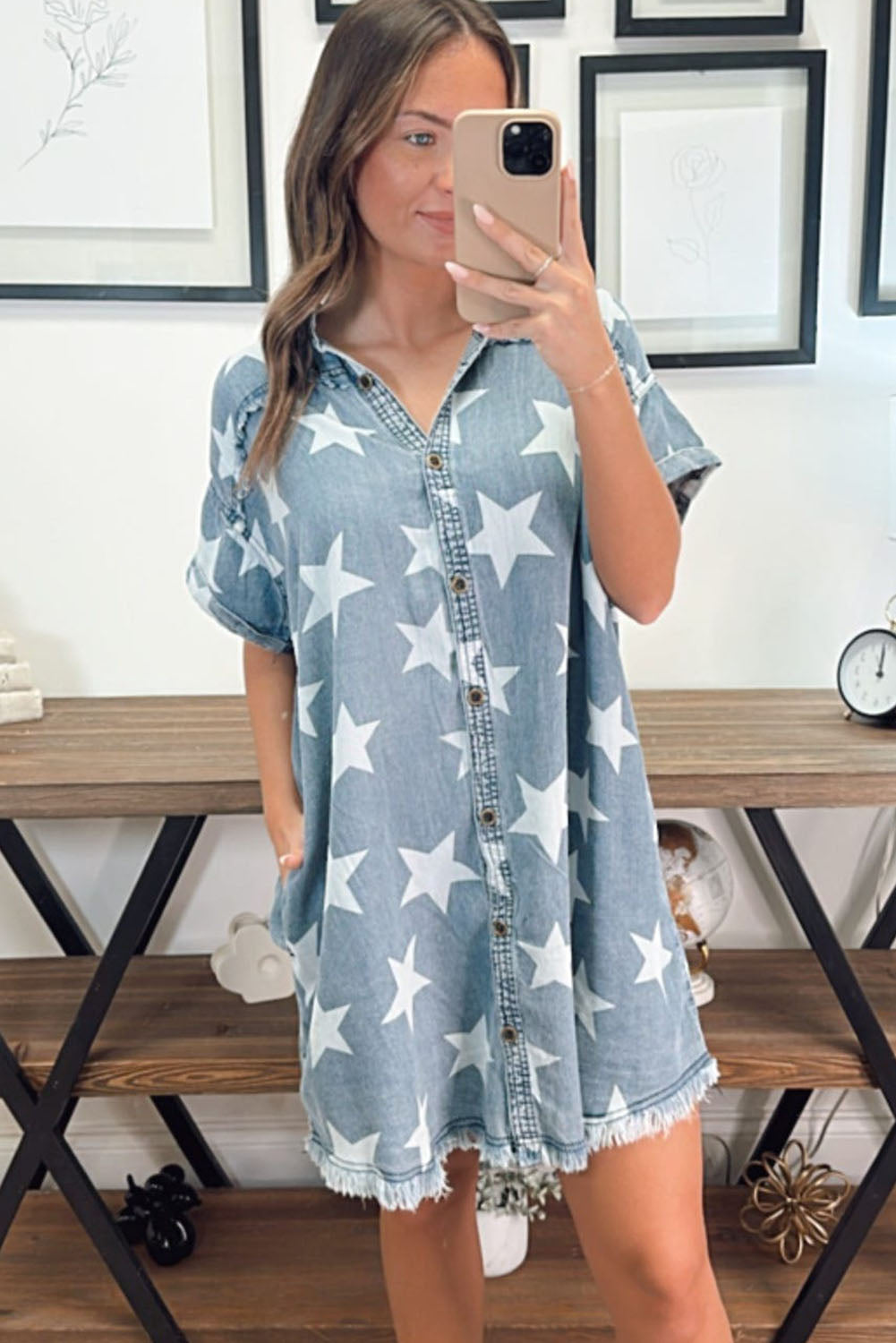 Sky Blue Star Print Frayed Hem Buttoned Denim Mini Dress