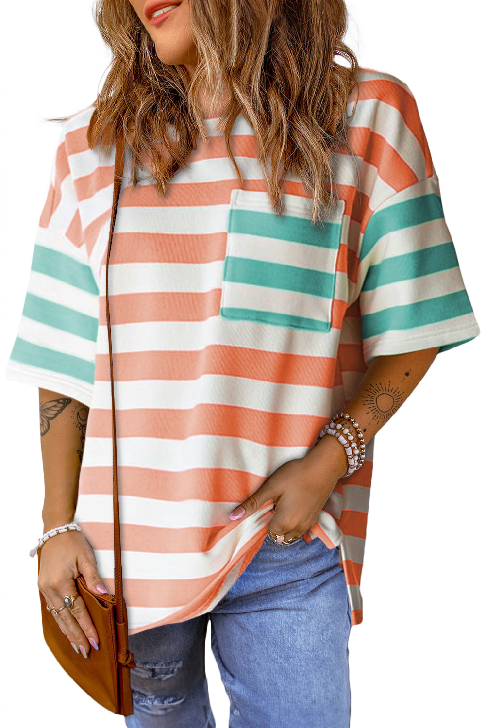 Orange Stripe Patch Pocket Drop Sleeve Slits T Shirt