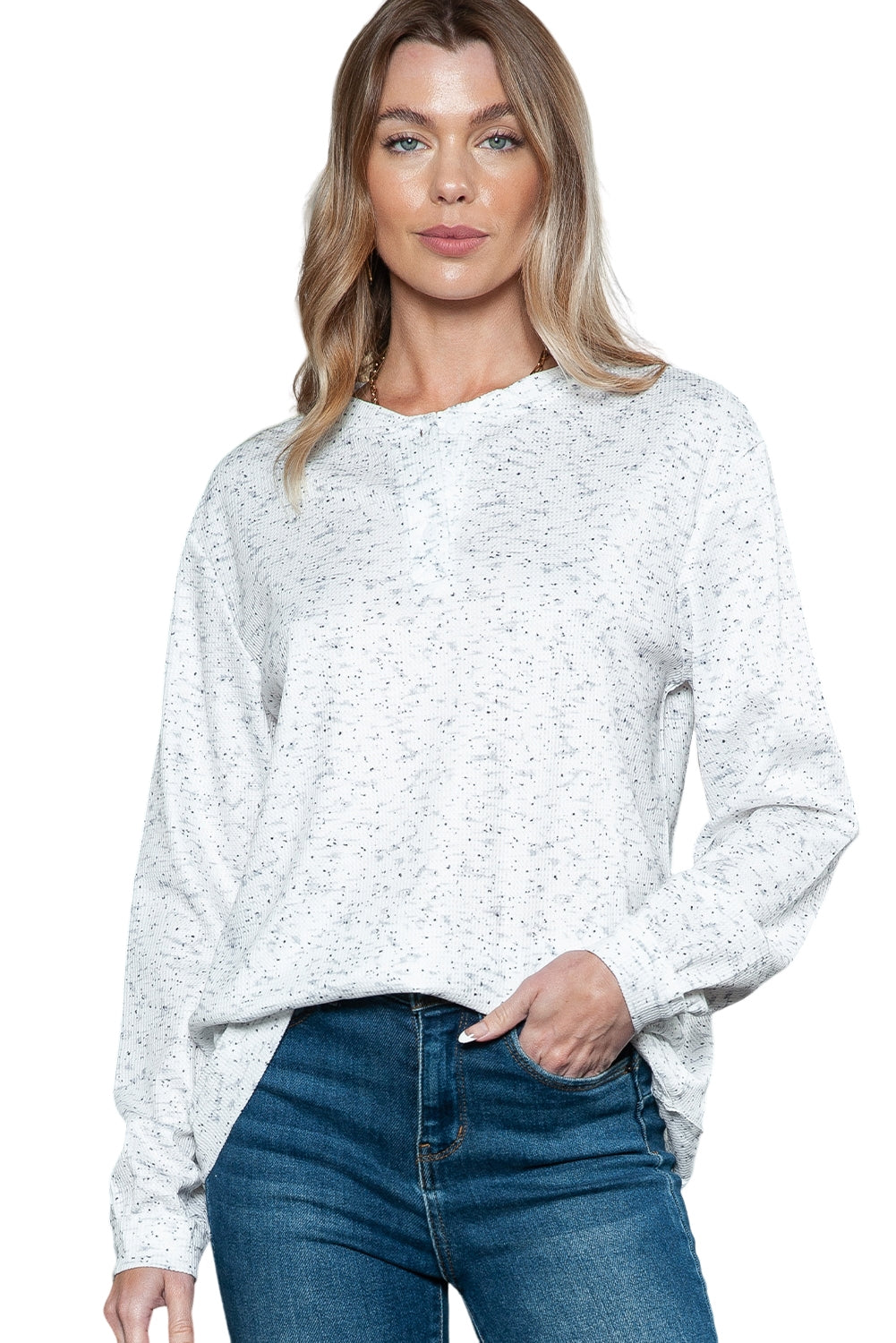 Gray Heather Knit Raw Hem Trim Henley Top