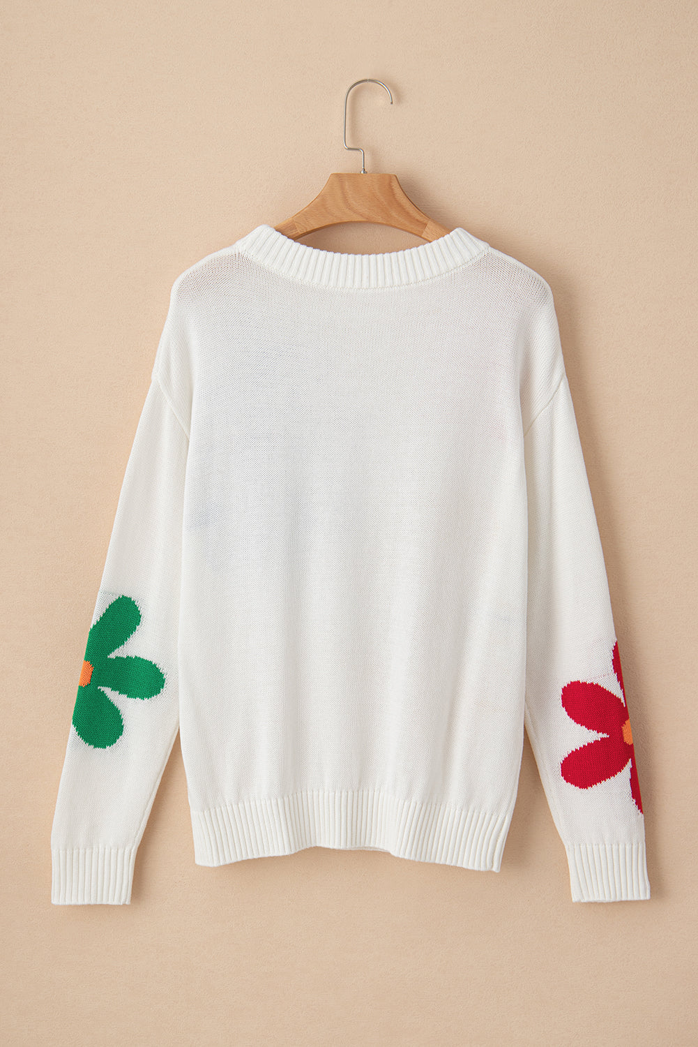 White Colorful Flower Pattern Crewneck Knitted Sweater