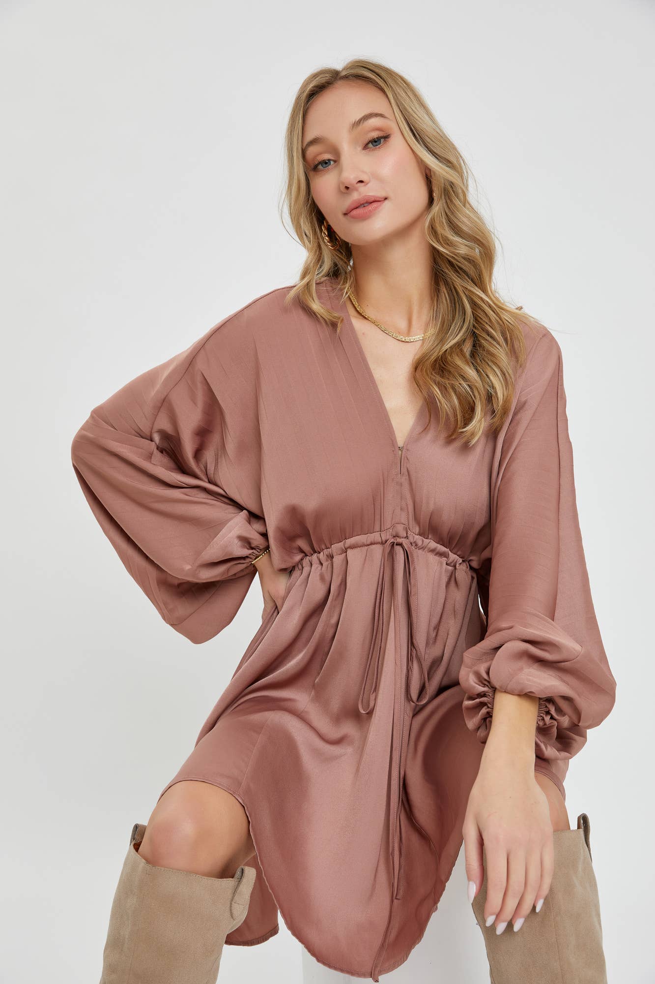 SATIN V NECK PLEATED DRESS
