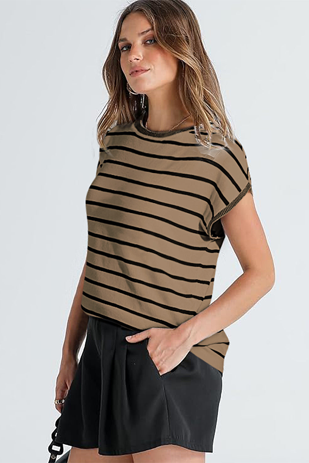 Khaki Stripe Knitted Dolman T Shirt