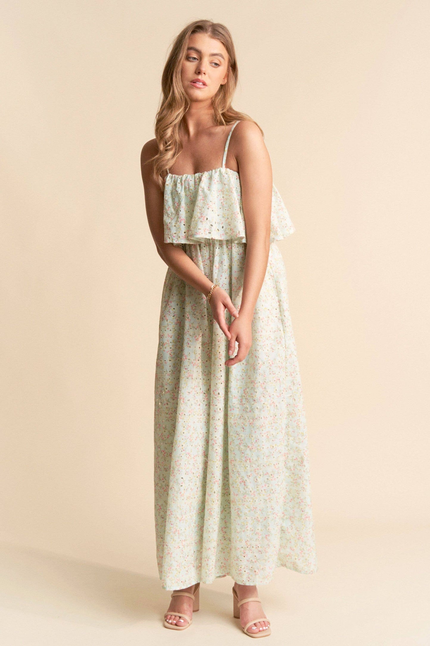Floral Print Eyelet Tiered Wide Leg Jumpsuit