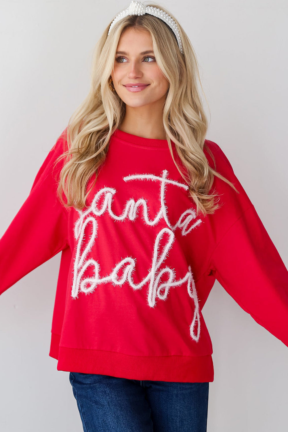 Fiery Red Christmas Tinsel Santa Baby Graphic Sweatshirt