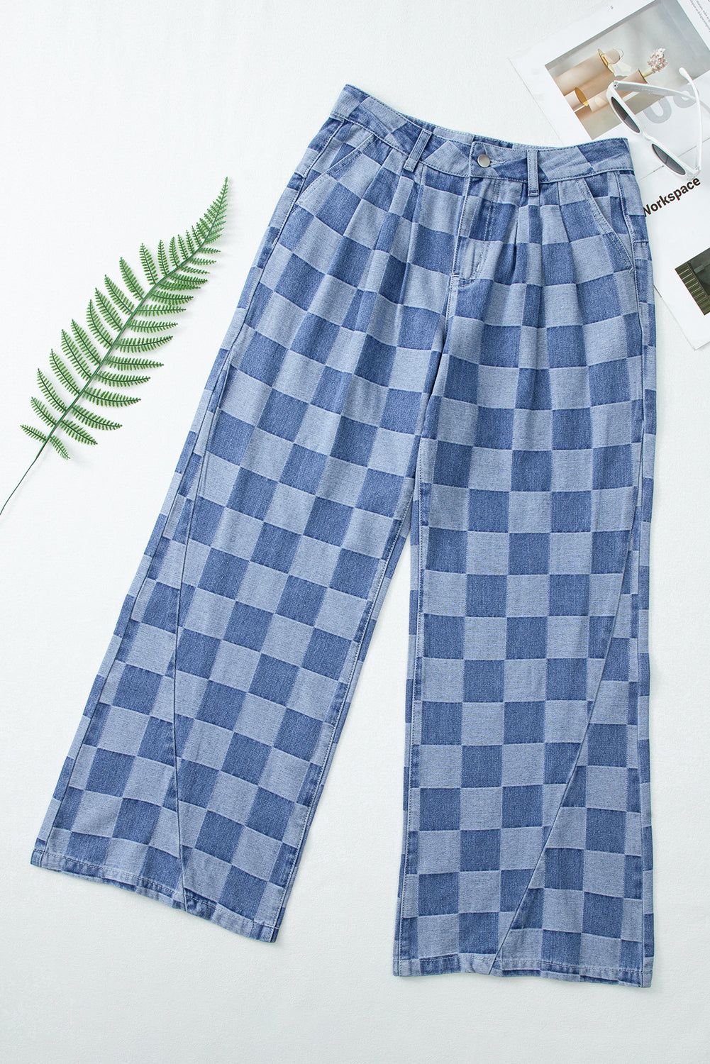 Dark Grey Checkered Light Washed Wide Leg Jeans