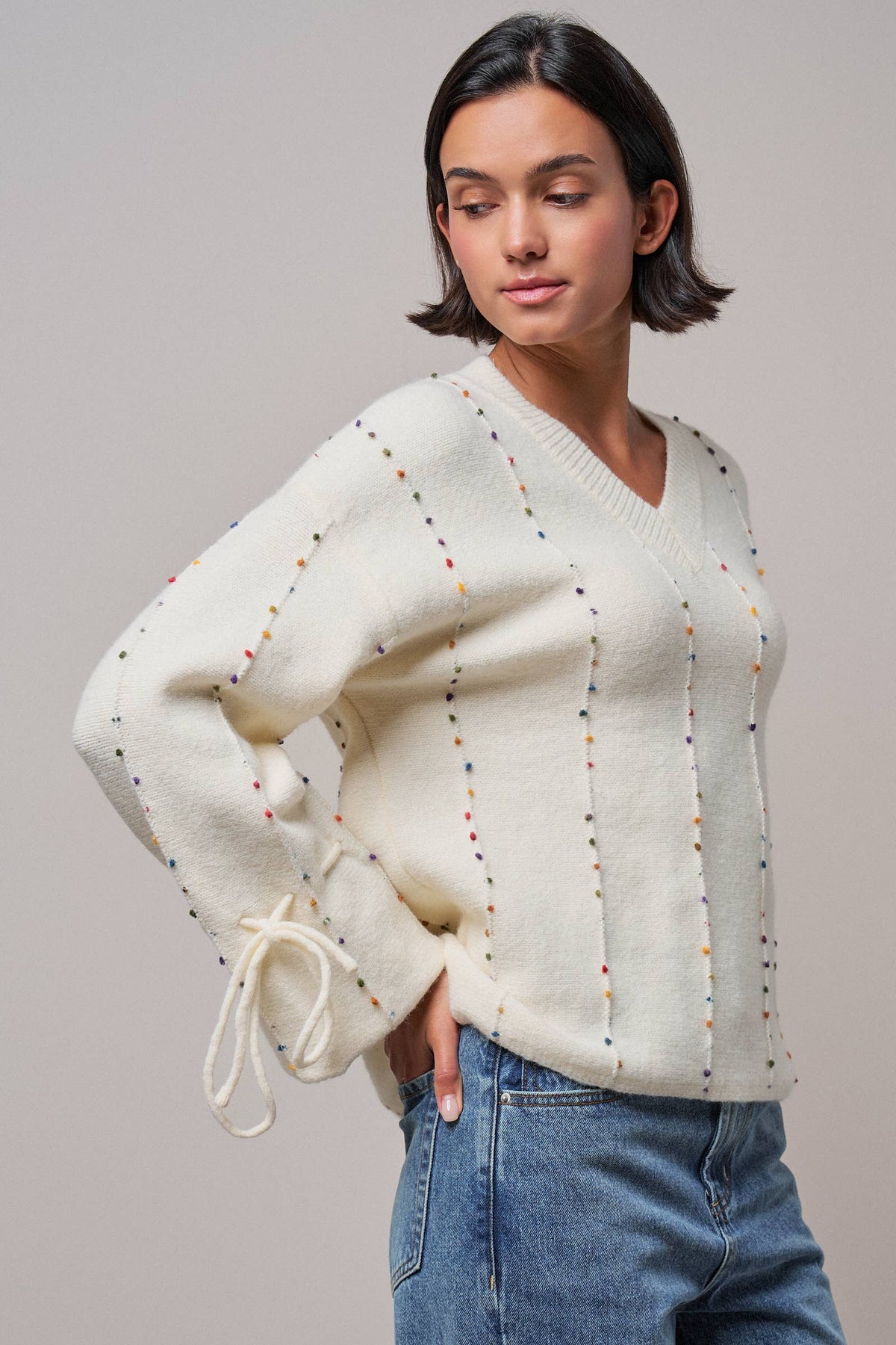 Multicolor Dot Stitch V-Neck Tie Sleeve Sweater